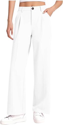 Girls Uniform Pants High Elastic Waisted Stretchy Long Slack Pant Formal Wide Leg Loose Fit Straight Dresses Trousers in Kuwait