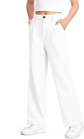 Girls Uniform Pants High Elastic Waisted Stretchy Long Slack Pant Formal Wide Leg Loose Fit Straight Dresses Trousers in Kuwait