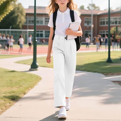 Girls Uniform Pants High Elastic Waisted Stretchy Long Slack Pant Formal Wide Leg Loose Fit Straight Dresses Trousers in Kuwait