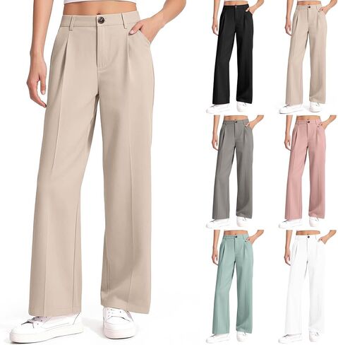 Girls Uniform Pants High Elastic Waisted Stretchy Long Slack Pant Formal Wide Leg Loose Fit Straight Dresses Trousers in Kuwait