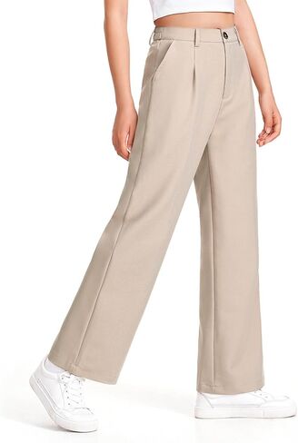 Girls Uniform Pants High Elastic Waisted Stretchy Long Slack Pant Formal Wide Leg Loose Fit Straight Dresses Trousers in Kuwait