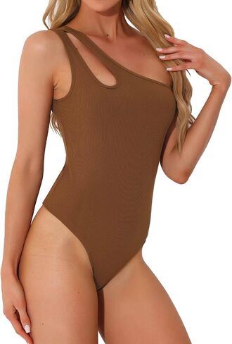 قميص Allegra K Leotard للسيدات بكتف واحد ومتماسك ومضلع ومقاس نحيف بدون أكمام in Saudi Arabia