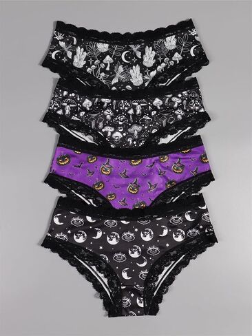Gothic Halloween Underwear Set, 4-Pack Women's Lace Briefs with Pumpkin & Moon Print, Black & Purple in Saudi Arabia