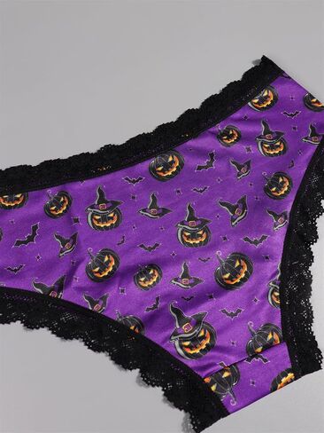 Gothic Halloween Underwear Set, 4-Pack Women's Lace Briefs with Pumpkin & Moon Print, Black & Purple in Saudi Arabia