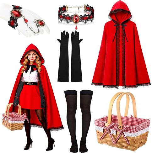 8 PCS Red Riding Cloak Cloak Case Cloak Cape مع سلة للنساء الهالوين اللباس القوطية in Kuwait