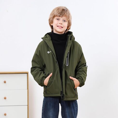 Boys' Waterproof skiing Jacket - Winter Fleece Lined Snowboarding Coat with Hood, Windproof Thermal Outer Shell for Kids in Saudi Arabia