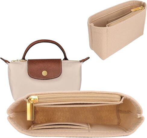 Purse Organizer Insert for Longchamp Mini Bag Women, Felt Tote Bags Organizers with Multi-Pocket, Suit for for Mini Long Champ Bag, Accessories Organiser Insert for Le Pliage Handbags (Beige) in Saudi Arabia