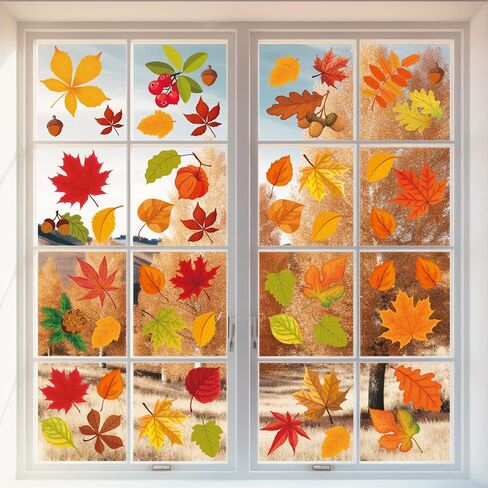64 PCS COMings Autumn Fall Window Clings ، 6 صفيحة أوراق حمراء - ملصقات نافذة زجاجية ، وأوراق القيقب الخريفية ، أو أوراق الخريف ، أو زينة موسمية ، شارات عيد الشكر لمدرسة المنزل ، غرفة الأطفال. in Saudi Arabia