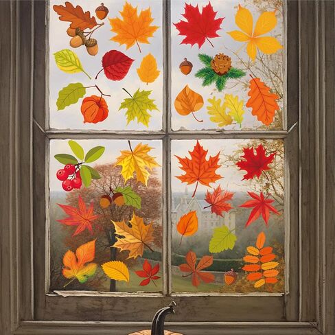 64 PCS COMings Autumn Fall Window Clings ، 6 صفيحة أوراق حمراء - ملصقات نافذة زجاجية ، وأوراق القيقب الخريفية ، أو أوراق الخريف ، أو زينة موسمية ، شارات عيد الشكر لمدرسة المنزل ، غرفة الأطفال. in Saudi Arabia
