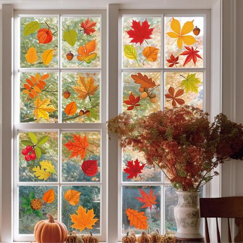 64 PCS COMings Autumn Fall Window Clings ، 6 صفيحة أوراق حمراء - ملصقات نافذة زجاجية ، وأوراق القيقب الخريفية ، أو أوراق الخريف ، أو زينة موسمية ، شارات عيد الشكر لمدرسة المنزل ، غرفة الأطفال. in Saudi Arabia