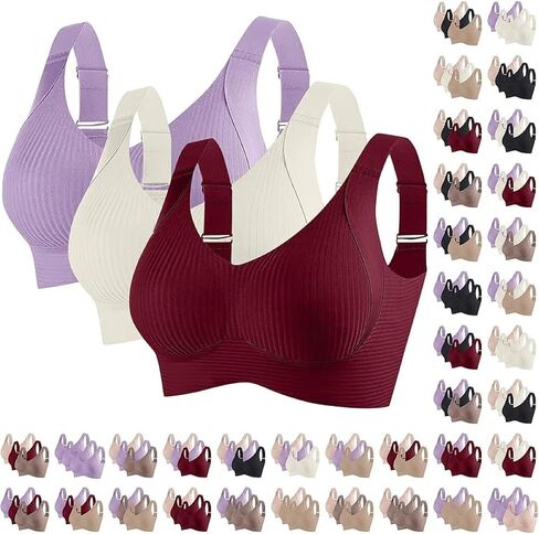 3 Pcs Seamless Bras for Women Full Support Push Up Ribbed Wireless Bra Solid Plus Size Everyday Bras 2025 in Saudi Arabia