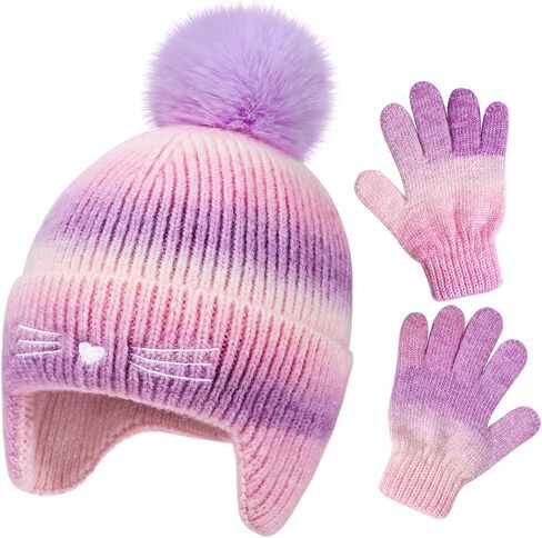 Cat Face Earflap Beanie and Gloves for Girls Rainbow Pom Hats Hats Winter Outdoor Snow Ski Caps Age 2-10 in Saudi Arabia