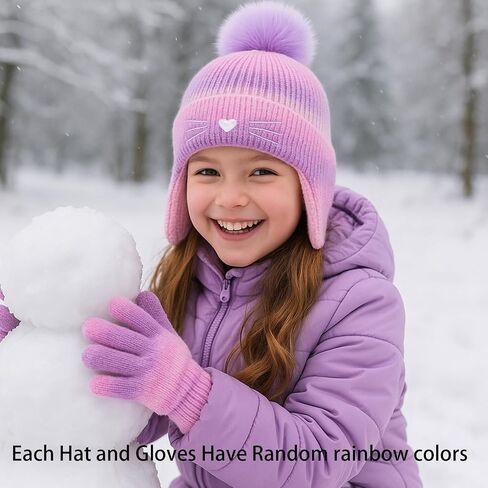 Cat Face Earflap Beanie and Gloves for Girls Rainbow Pom Hats Hats Winter Outdoor Snow Ski Caps Age 2-10 in Saudi Arabia