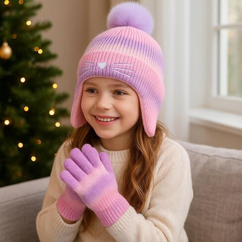 Cat Face Earflap Beanie and Gloves for Girls Rainbow Pom Hats Hats Winter Outdoor Snow Ski Caps Age 2-10 in Saudi Arabia