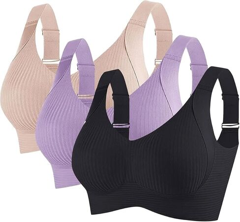 3 Pcs Seamless Bras for Women Full Support Push Up Ribbed Wireless Bra Solid Plus Size Everyday Bras 2025 in Saudi Arabia