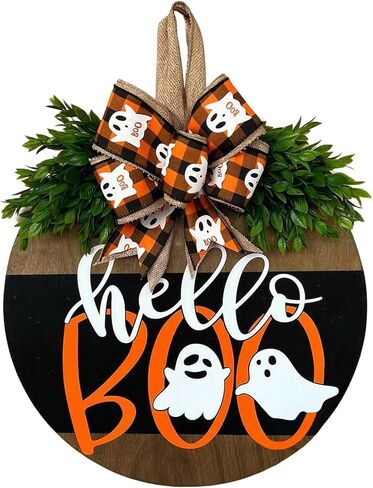 Halloween Ghost Wreath, Wooden Halloween Ghost Door Sign Wreath Decorations for Front Door Hanger in Saudi Arabia