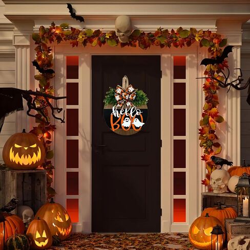 Halloween Ghost Wreath, Wooden Halloween Ghost Door Sign Wreath Decorations for Front Door Hanger in Saudi Arabia