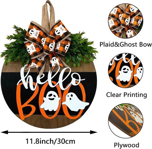 Halloween Ghost Wreath, Wooden Halloween Ghost Door Sign Wreath Decorations for Front Door Hanger in Saudi Arabia