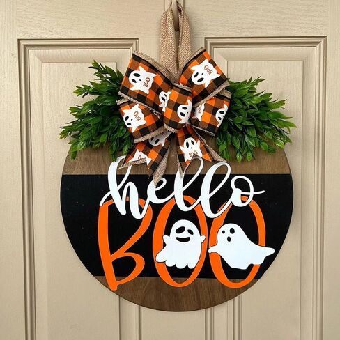 Halloween Ghost Wreath, Wooden Halloween Ghost Door Sign Wreath Decorations for Front Door Hanger in Saudi Arabia