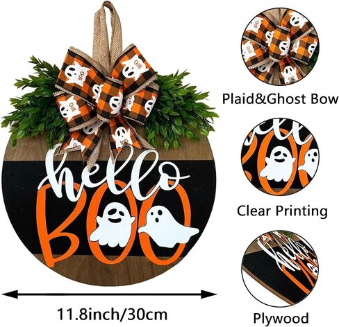 Halloween Ghost Wreath, Wooden Halloween Ghost Door Sign Wreath Decorations for Front Door Hanger in Saudi Arabia