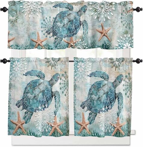 Coastal Sea Turtle Kitchen Curtains Sets for Windows 24 Inch Length, Teal Summer Beach Rod Pocket Window Treatments, Nautical Starfish Tier Curtains and Valances Set for Bedroom/Bathroom in Saudi Arabia