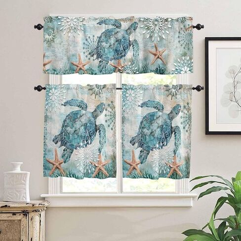 Coastal Sea Turtle Kitchen Curtains Sets for Windows 24 Inch Length, Teal Summer Beach Rod Pocket Window Treatments, Nautical Starfish Tier Curtains and Valances Set for Bedroom/Bathroom in Saudi Arabia