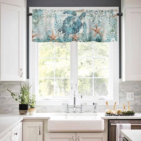 Coastal Sea Turtle Kitchen Curtains Sets for Windows 24 Inch Length, Teal Summer Beach Rod Pocket Window Treatments, Nautical Starfish Tier Curtains and Valances Set for Bedroom/Bathroom in Saudi Arabia