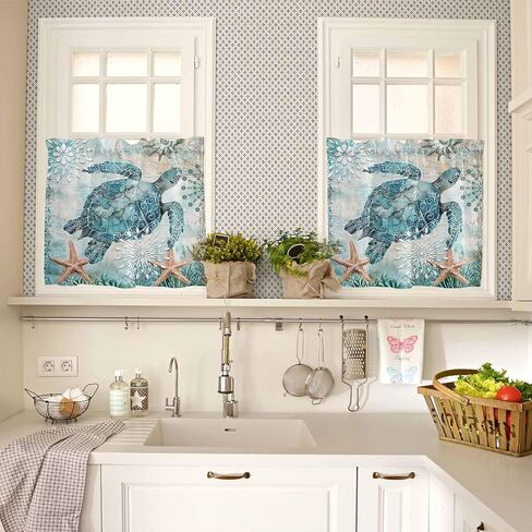 Coastal Sea Turtle Kitchen Curtains Sets for Windows 24 Inch Length, Teal Summer Beach Rod Pocket Window Treatments, Nautical Starfish Tier Curtains and Valances Set for Bedroom/Bathroom in Saudi Arabia