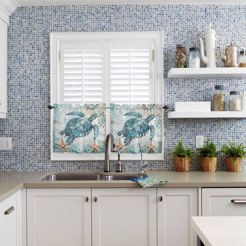 Coastal Sea Turtle Kitchen Curtains Sets for Windows 24 Inch Length, Teal Summer Beach Rod Pocket Window Treatments, Nautical Starfish Tier Curtains and Valances Set for Bedroom/Bathroom in Saudi Arabia