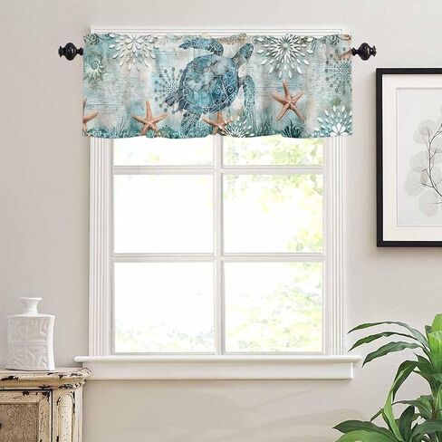Coastal Sea Turtle Kitchen Curtains Sets for Windows 24 Inch Length, Teal Summer Beach Rod Pocket Window Treatments, Nautical Starfish Tier Curtains and Valances Set for Bedroom/Bathroom in Saudi Arabia