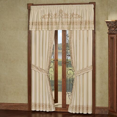 Touch of Class Versailles Luxury Window Treatment | Classic Neutral Pearl | Palace-Inspired French Style Golden Scrollwork Embroidery | Designed Drapery Set: Tailored Valance and 84L Curtain Pair in Saudi Arabia