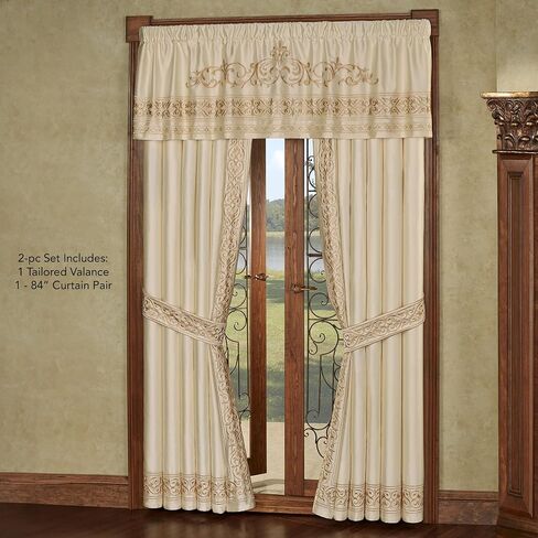 Touch of Class Versailles Luxury Window Treatment | Classic Neutral Pearl | Palace-Inspired French Style Golden Scrollwork Embroidery | Designed Drapery Set: Tailored Valance and 84L Curtain Pair in Saudi Arabia