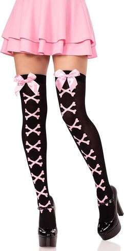 Leg Avenue Women’s Opaque Cross Bone Thigh High Stockings with Bows Gyaru Bow Stockings Pastel Goth Accessories for Women, Black/Light Pink, One Size in Saudi Arabia