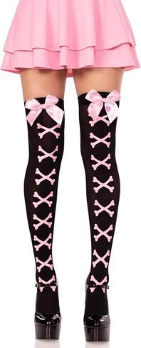 Leg Avenue Women’s Opaque Cross Bone Thigh High Stockings with Bows Gyaru Bow Stockings Pastel Goth Accessories for Women, Black/Light Pink, One Size in Saudi Arabia