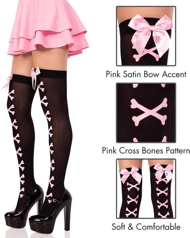 Leg Avenue Women’s Opaque Cross Bone Thigh High Stockings with Bows Gyaru Bow Stockings Pastel Goth Accessories for Women, Black/Light Pink, One Size in Saudi Arabia
