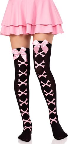 Leg Avenue Women’s Opaque Cross Bone Thigh High Stockings with Bows Gyaru Bow Stockings Pastel Goth Accessories for Women, Black/Light Pink, One Size in Saudi Arabia