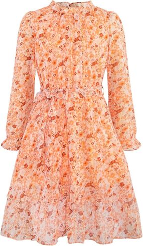 Girls Fall Long Sleeve Dress Floral Ruffle Flower Girl Formal Party Holiday Midi Dresses with Belt 5-14 Years in Kuwait