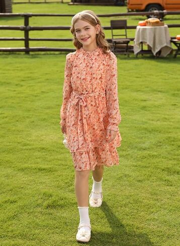 Girls Fall Long Sleeve Dress Floral Ruffle Flower Girl Formal Party Holiday Midi Dresses with Belt 5-14 Years in Kuwait