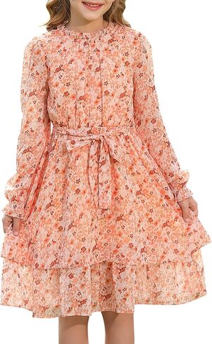 Girls Fall Long Sleeve Dress Floral Ruffle Flower Girl Formal Party Holiday Midi Dresses with Belt 5-14 Years in Kuwait