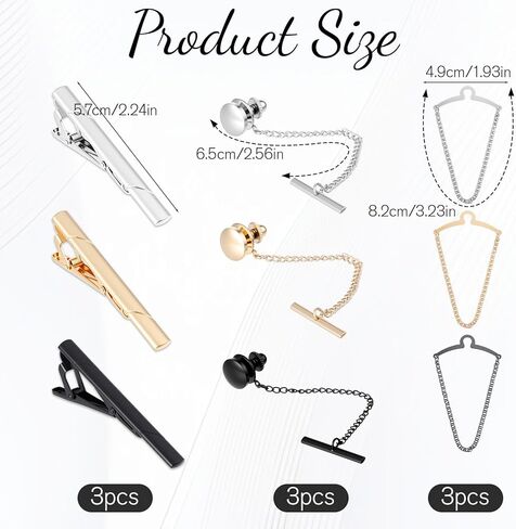 9 Packs Tie Clip Tie Tack Ties Chains for Men, Classic Copper Ties Bars for Business Wedding Wear Suits Neckties Anniversary Formal Meeting, Gold Silver Black in Saudi Arabia