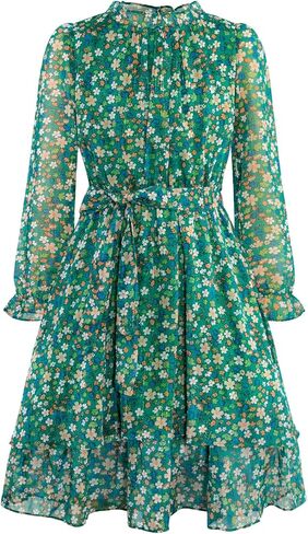 Girls Fall Long Sleeve Dress Floral Ruffle Flower Girl Formal Party Holiday Midi Dresses with Belt 5-14 Years in Kuwait
