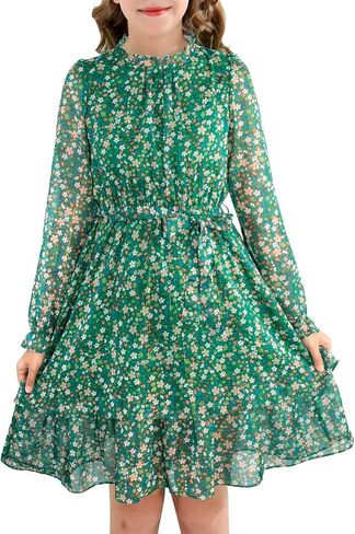 Girls Fall Long Sleeve Dress Floral Ruffle Flower Girl Formal Party Holiday Midi Dresses with Belt 5-14 Years in Kuwait