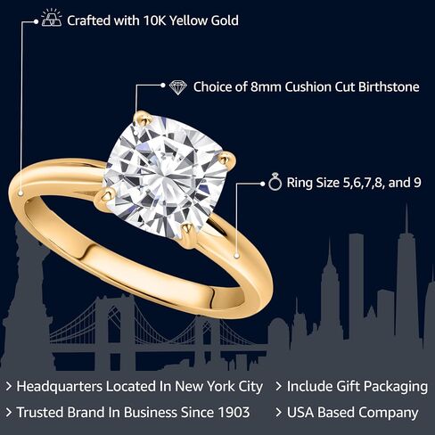 Gem Stone King 10K الذهب الأصفر المخصص وشخصية وسادة 8 مم قطع الأحجار الكريمة خاتم الخطوبة solitaire in Saudi Arabia