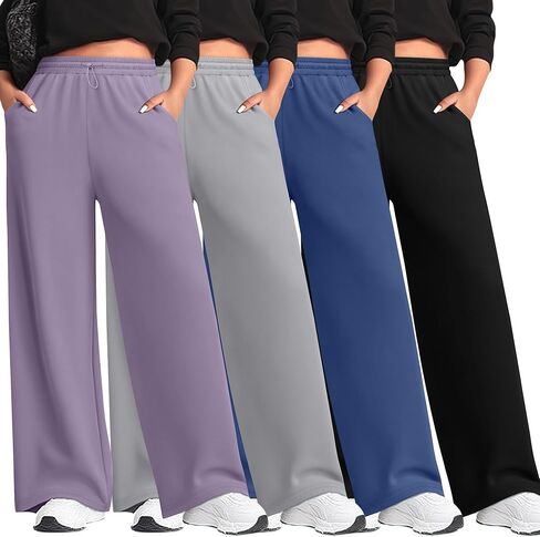4 Pack Women Plus Size Sweatpants Wide Leg Baggy High Waist Yoga Pants Loose Lounge Palazzo Pants with Pocket in Kuwait