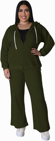 Women's Plus Size Two Piece Outfits Sweatsuits Sets Long Sleeve Full Zipper Hoodies Wide Leg Pants Tracksuit Sets in Kuwait