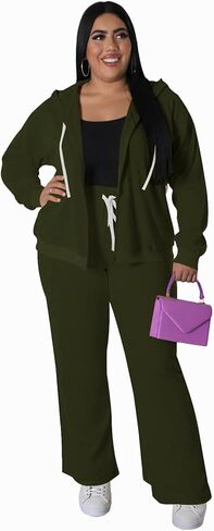 Women's Plus Size Two Piece Outfits Sweatsuits Sets Long Sleeve Full Zipper Hoodies Wide Leg Pants Tracksuit Sets in Kuwait