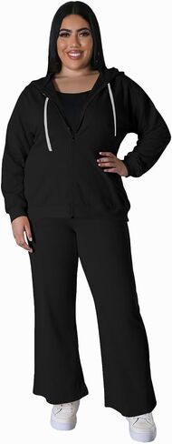 Women's Plus Size Two Piece Outfits Sweatsuits Sets Long Sleeve Full Zipper Hoodies Wide Leg Pants Tracksuit Sets in Saudi Arabia