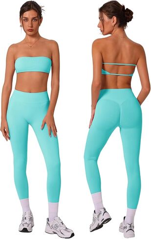 مجموعات تجريب Abociw للنساء 2 قطعة سلسة Bandeau Sports Scrunch بعقب LiftInf High الخصر الطماق مجموعات صالة الألعاب الرياضية in Saudi Arabia