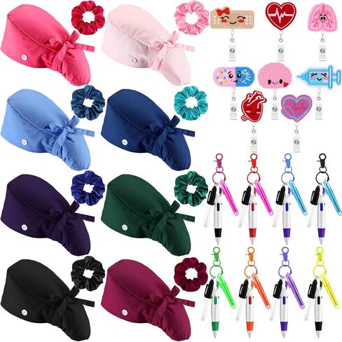 56 Packs Nurse Scrub Caps Set Surgical Cap with Buttons Badge Reels Mini Highlighter Pen Keychain Scrunchies Black Marker Pen for Christmas Women Nurse Gift in Saudi Arabia
