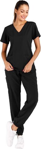 Minty Mint Women's Solid Stretch Medical Uniform Scrub Set V Neck Top Cargo Tapered Jogger Pants in Saudi Arabia